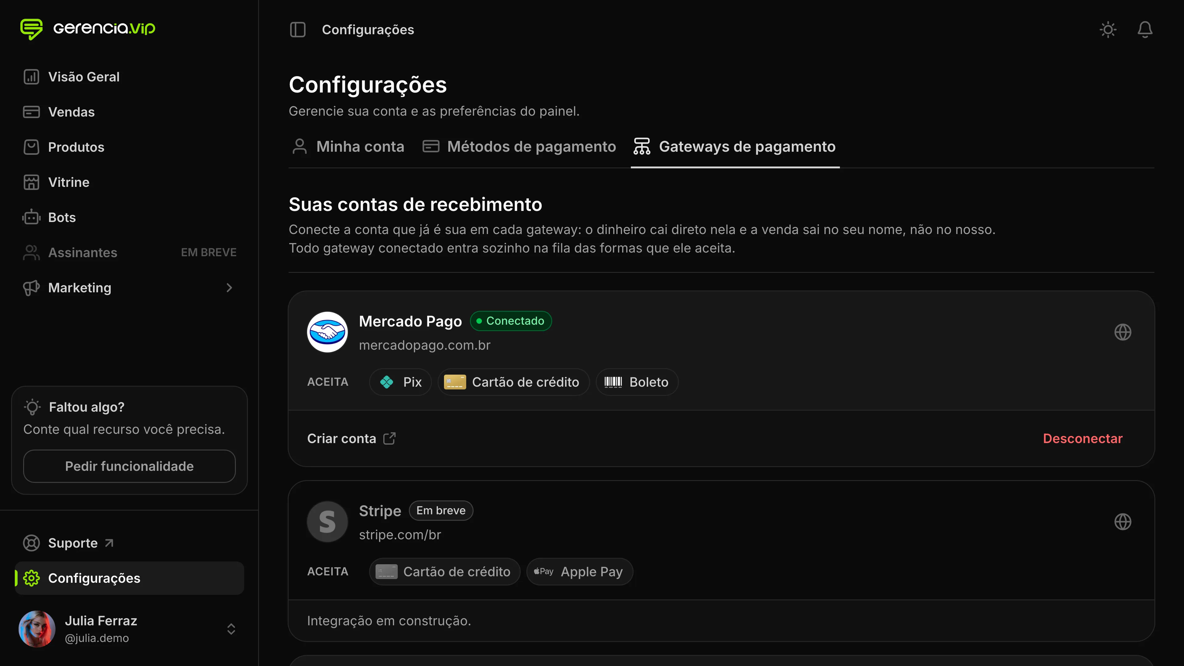 Tela Gateways de pagamento do Gerencia VIP com o Mercado Pago conectado, aceitando Pix, cartão de crédito e boleto