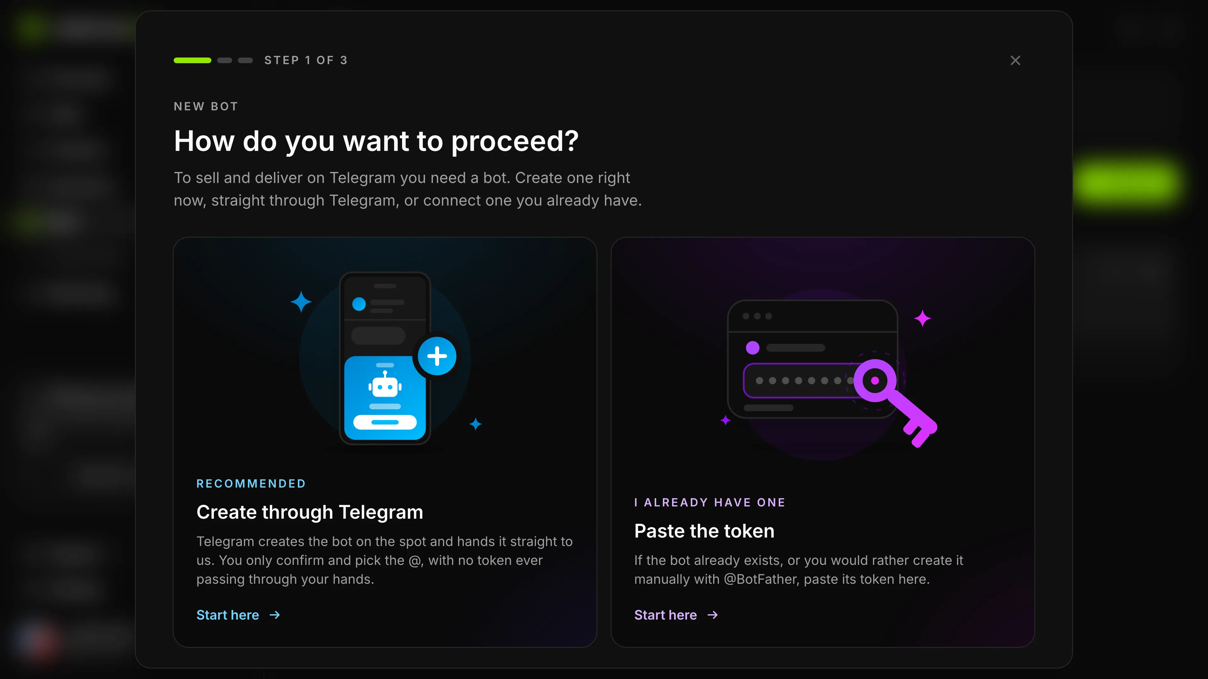 Gerencia VIP’s New bot window with the Create through Telegram and Paste the token options