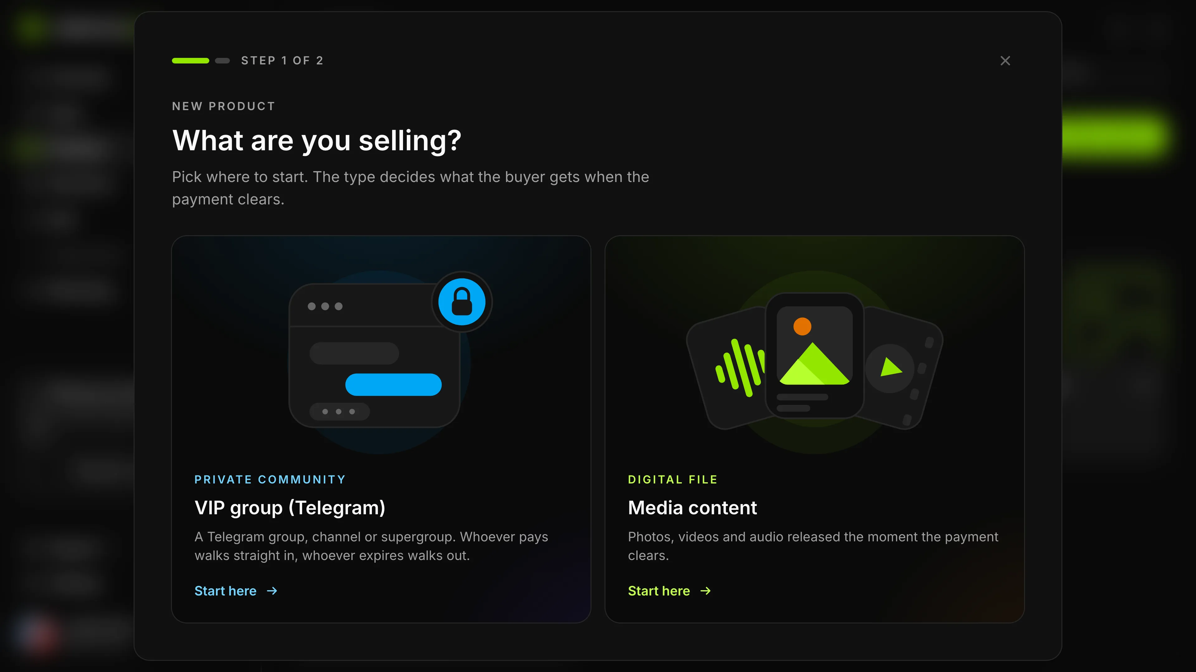 Gerencia VIP’s New product window with the VIP group (Telegram) and Media content options