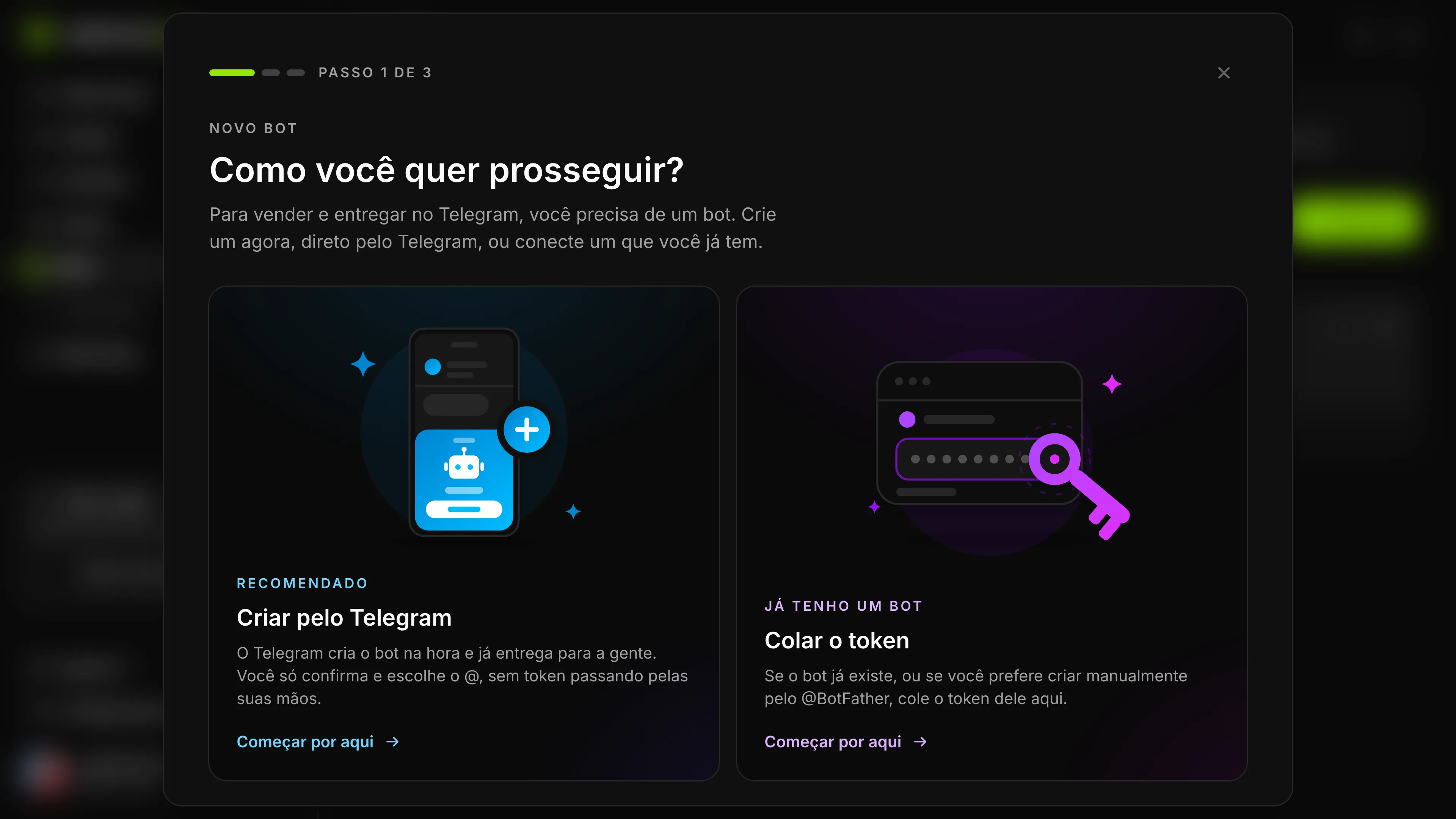 Janela Novo bot do Gerencia VIP com as opções Criar pelo Telegram e Colar o token