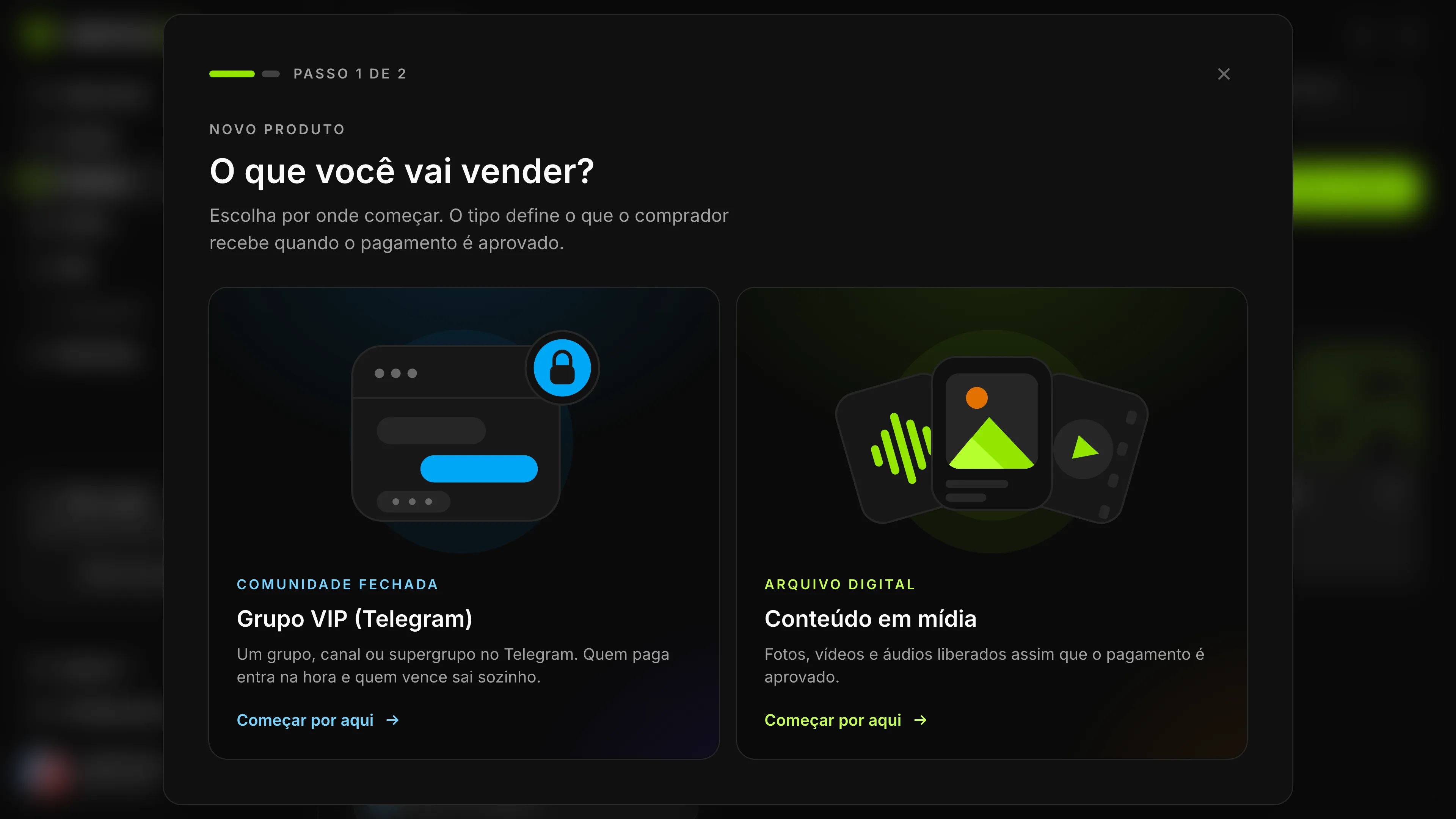 Janela Novo produto do Gerencia VIP com as opções Grupo VIP (Telegram) e Conteúdo em mídia