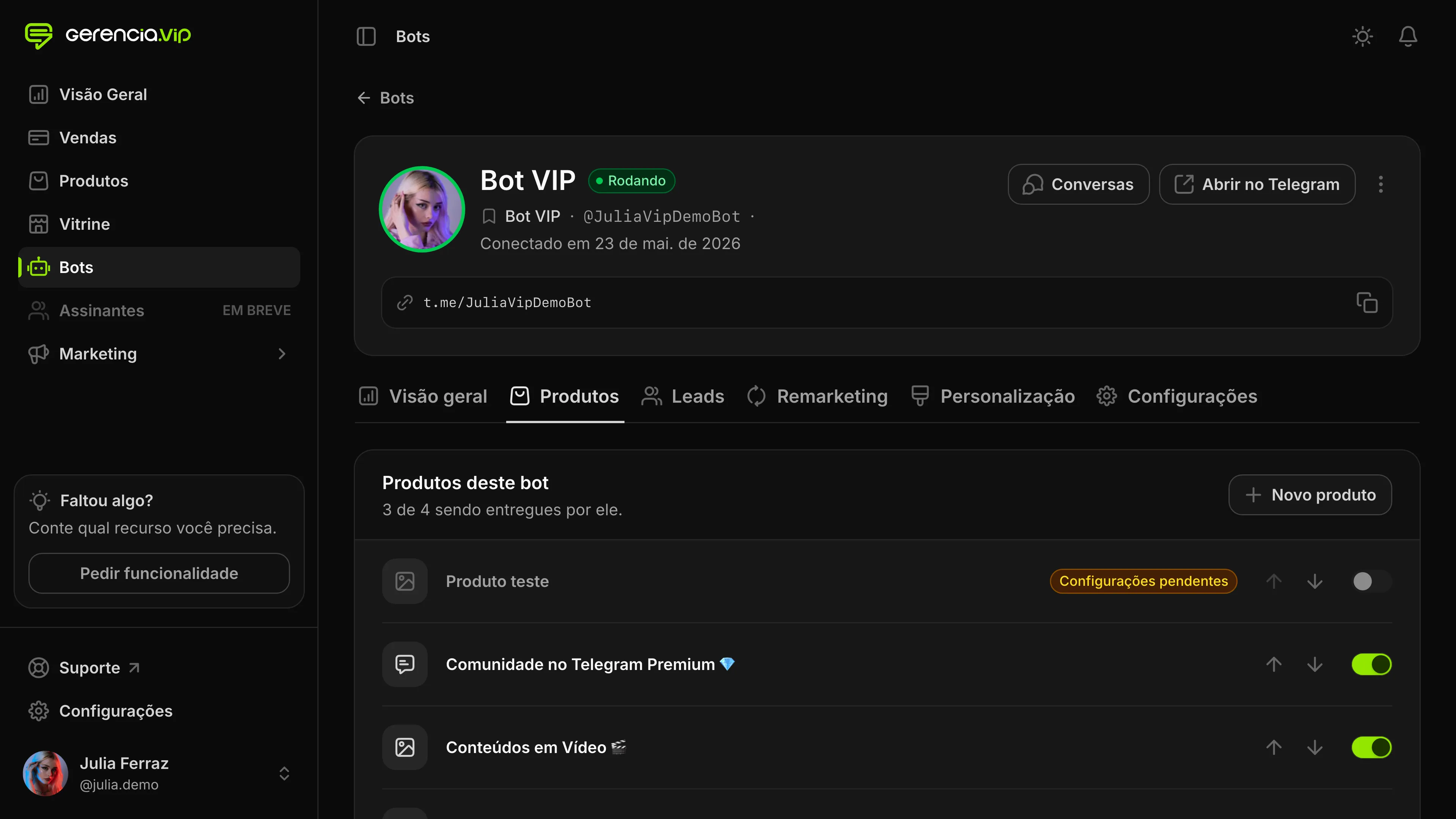 Aba Produtos de um bot no Gerencia VIP, com uma chave para ligar cada produto ao bot
